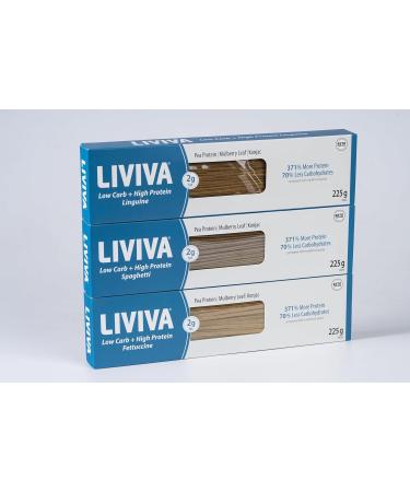 LIVIVA Low Carb High Protein KETO Pasta Trial Pk (1 Linguine 1 Spaghetti 1 Fettuccine) 135 g Protein per Box with Pea Protein & Konjac Flour - 8g Net Carbs Diabetic-Friendly - Ready to Eat in 3 4 mins - Healthy Al Dente Pasta - Buy Online on SooperMarket.com