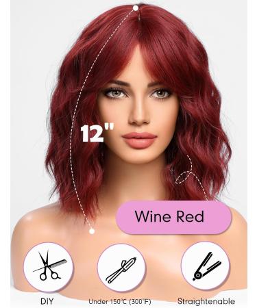 WOKESTAR Bob Curly Wig - Short Synthetic Wavy Wine Red Wig for Women, 12 inch with Fringe - Buy Online on SooperMarket.com