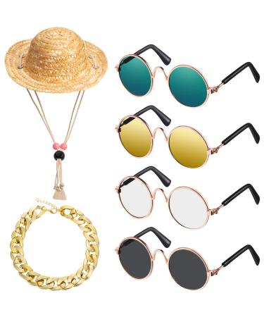 6 Pieces Pet Dog Cat Costume, Pet Sunglasses and Summer Pet Straw Hat with Faux Gold Chain Collar, Classic Funny Pet Accessories for Pet Cat Puppy Small Medium Dog Birthday Cosplay Party (Cute Style)