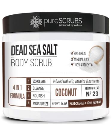 pureSCRUBS Premium Organic Body Scrub Set - INCLUDES spoon, loofah & soap - Large 16oz COCONUT BODY SCRUB Dead Sea Salt Infused Organic Essential Oils & Nutrients Fragrance Free Soap and Coconut Scented Scrub