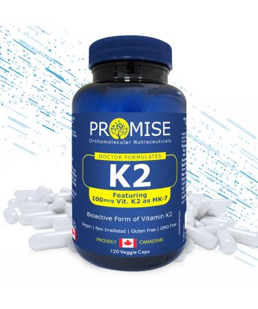 Promise Vitamin K2 MK-7 100mcg 120 Capsules- Bioactive Menaquinone-7 Bone Tissue & Heart Health- non-GMO Natto Vegan and Gluten-Free Made In Canada