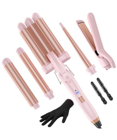 5 in 1 Wand Curling Iron-Curling Wand Set with Hair Straightener 3 Barrels Hair Crimper Iron 3 Ceramic Curling Irons (0.35 "-1.25") 2 Temps Fast Heat Hair Curler Waver with Glove & Clip-Light Pink Light Pink Curling Iron Set(0.35"-1.25")
