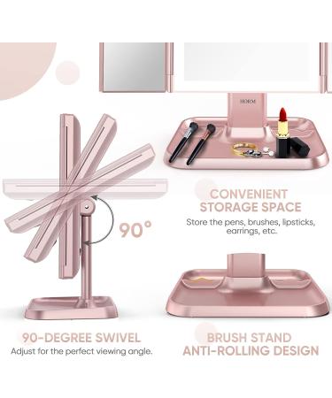 Trifold Makeup Mirror with Lights - 3 Color Modes, 72 LED Vanity Mirror, 1x/2x/3x Magnification, Touch Control, Portable High Definition Cosmetic Mirror - Pale Pink - Buy Online on SooperMarket.com