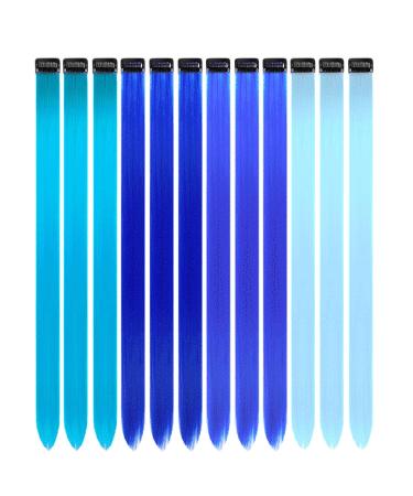 12 Pcs Colored Hair Extensions Colorful Clip in Hair Extensions 22 inch Synthetic Straight Hair Extensions for Kids Girls Women Blue series