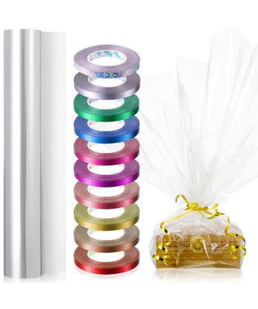 Zonon 31.5 Inch x 100 Ft Cellophane Wrap Roll Cellophane Bag Cellophane Basket Wrap with 10 Rolls Colorful Curling Ribbon Metallic Curling Balloon Ribbon for Flowers Baskets Handicraft Crafts (Clear) Clear 31.5 Inch x 100 Ft