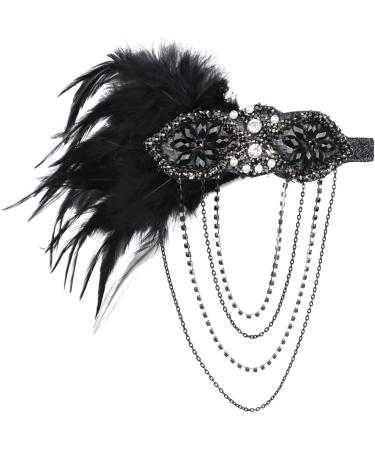 Feather Headband 1920s Flapper Headband Faux Pearls 1920s Flapper Headpiece Crystal Headband Fancy Dress Headwear Feather Vintage Headband for Women Hair Accessories for Cocktail Party Prom Wedding Black-2 - Buy Online on SooperMarket.com