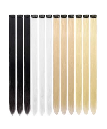 12 Pcs Colored Hair Extensions Colorful Clip in Hair Extensions 22 inch Synthetic Straight Hair Extensions for Kids Girls Women Neutral