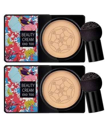 NUIBO 2 Pack Mushroom Head Air Cushion CC Cream Foundation Moisturizing BB Cream Long Lasting Matte Concealer with 2PCS Mushroom Head Sponges (Natural) 2 Pack Natural