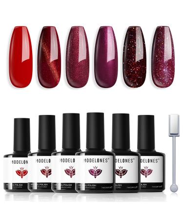 Modelones Gel Nail Polish Set 6 Colors Red Glitter Gel Polish Burgundy 9D Cat Eye Gel Nail Polish with Magnet Chameleon Shimmer Magnetic Gel Polish Set Nail Art DIY Salon Home for Women