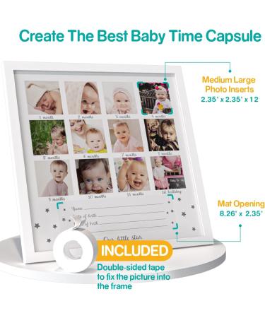 Dino My First Year Baby Keepsake Picture Frame - White Wood, 12 Months Photo Inserts - Nursery Decor Gift for Boys and Girls - Buy Online on SooperMarket.com