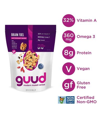 GUUD Brain Fuel Antioxidant Blend Muesli Cereal 12oz - Gluten Free, Vegan, Non-GMO with Oats, Walnuts, Goji Berries, Cranberries, Blueberries, Cacao Nibs - Kosher Certified - 1 Pack - Buy Online on SooperMarket.com