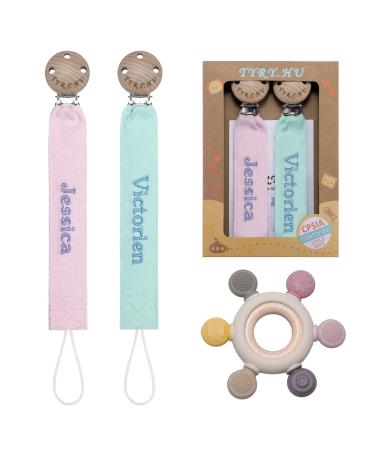 TYRY.HU Personalized Pacifier Clip with Name Embroidery Pacifier Holder for Girls and Boys Pacifier Leash Universally Fit All Pacifiers Baby Gift 2 Pack(Pink Green) D: 2 Pack (Grey+Khaki) with Rudder Teething Toy