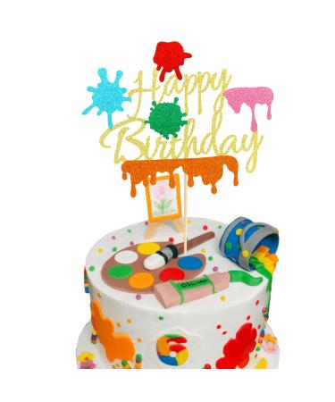 Arthsdite 1Pc Painting Cake Topper Painter Art Themed Slime Happy Birthday Cake Decoration for Gils Boys Birthday Bday Party Supplies - Gold Glitter