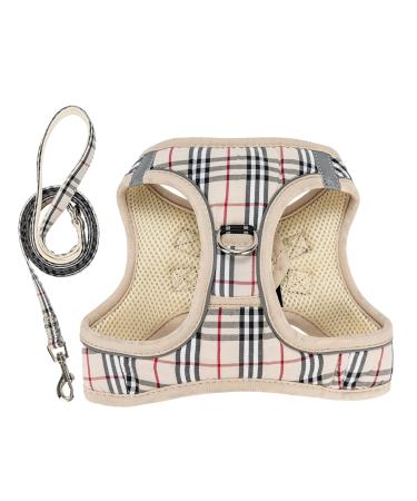 YUDOTE Step in Dog Harness and Lead Set UK Style Plaid Vest Harnesses with Front Clip for Small Dogs and Cats Beige S Beige