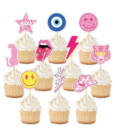 Whaline 40Pcs Preppy Pink Party Cupcake Toppers 10 Designs Paper Cake Decor Cute Cupcake Picks for Y2K Bachelorette Birthday Party Supplies Photo Booth Props