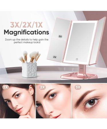 Trifold Makeup Mirror with Lights - 3 Color Modes, 72 LED Vanity Mirror, 1x/2x/3x Magnification, Touch Control, Portable High Definition Cosmetic Mirror - Pale Pink - Buy Online on SooperMarket.com