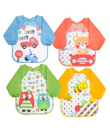 Vicloon Bibs with Sleeves 4 Pcs EVA Unisex Feeding Baby Bibs Waterproof Long Sleeve Bib Apron Lovely Cute Cartoon Bibs for Infant Toddler 6 Months to 3 Years Old