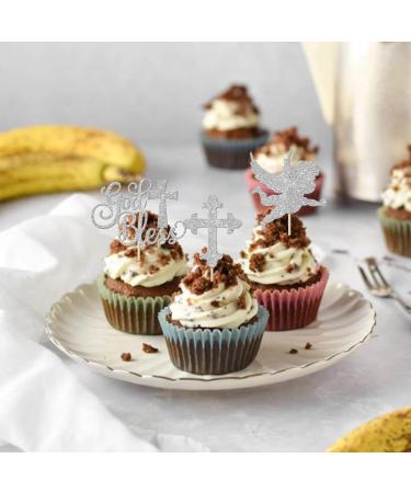 Rsstarxi 24 Pack God Bless and Cross Cupcake Toppers Glitter Angel Christening Babyshower Boy Baptism Cupcake Picks Decorations for First Communion Baptism Party Cake Decorations Silver - Buy Online on SooperMarket.com