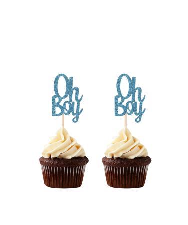 24 CT Blue Glitter Oh Boy Cupcake Toppers Baby Shower Birthday Party Decoration Picks