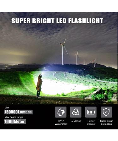 Lyting USB Rechargeable 150000 Lumens Super Bright Flashlight | 5 Modes, IPX7 Waterproof | Powerful Flash Light for Emergencies & Camping - Black - Buy Online on SooperMarket.com