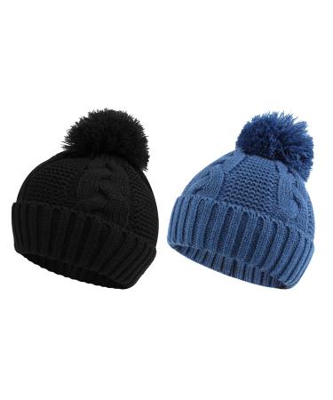 XIAOHAWANG Causal Winter Baby Boys Knit Hat Twist Infant Toddler Hats Kids Girls Pompom Cap 0-3 Years 6-12 Months Black+Blue