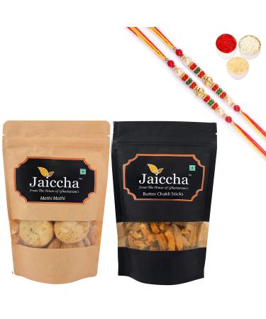 Ghasitaram Gifts Rakhi Gifts for Brothers Rakhi Sweets - Best of 2 Assorted Bites 200 GMS and Methi Mathi 150 GMS Pouch with 2 Pearl Beads Rakhis