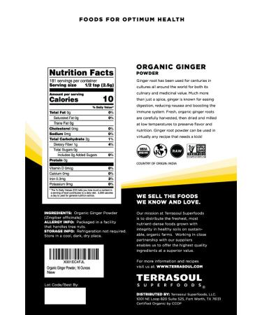 Terrasoul Superfoods Organic Ginger Powder 1 lb - Lab-Tested, Raw & Potent Spicy Flavor | Shop Now - Buy Online on SooperMarket.com
