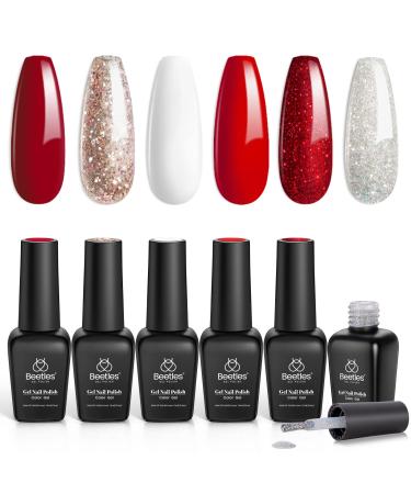 Beetles Candy Cane Gel Nail Polish Set - 6 Colors Gel Polish Glitter Burgundy Red Sparkle Gel Kit Snow White Silver Nail Gel New Year Kit Girlfriend Gifts for Women Mom Mother