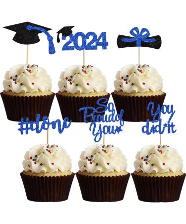 BEISHIDA 12pcs So Proud of You Cupcake Topper Graduation Cupcake Decoration 2024 Graduation Congrats Cupcake Toppers Blue Glitter High School/College/Senior Graduation Party Supplies Blue Black