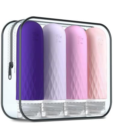 Gemice silicone travel bottles set 90ml 4 pieces of travel bottles for filling leak-proof cosmetic bottles for filling travel container bpa-free FDA approved for filling shower gel lotion purple