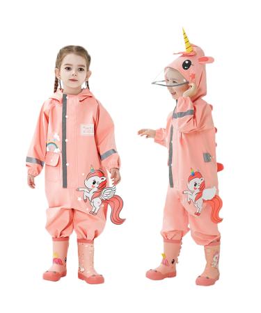 Fewlby Kids Puddle Suit Rain Suit Boys Girls All in One Waterproof Overalls Toddler Muddy Suit Hooded Raincoat Rainwear Cartoon Romper M Size 3-4 Years 3-4 Years Pink