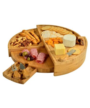 Picnic at Ascot Patented Bamboo Cheese/Charcuterie Board with Knife Set-Stores as a Compact Wedge-Opens to 18" Diameter-Designed & Quality Checked in USA