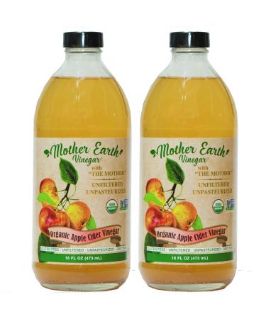 Mother Earth, Organic Apple Cider Vinegar with The Mother, Fresh Pressed Organic Apples, OACV, ACV, Raw, Unpasteurized, Unfiltered (2/16oz Glass Bottles) Apple Cider Vinegar 2/16 oz bottles