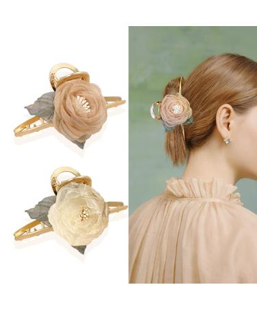 Fuyunohi 2 Pack Metal Barrettes for Women Large Hair Clips Flower Claw Clip Gold Hair Accessories Hair Clips for Women Thick Hair(Mesh Rose) White+Champagne Mesh Rose