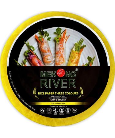 Lyan Mekong River Banh Trang Vietnamese Three Colours Rice Paper Round 16cm - 300g | Gluten-Free | Vegan | 100% Natural Rice Paper Three Colours 300g (Pack of 1)