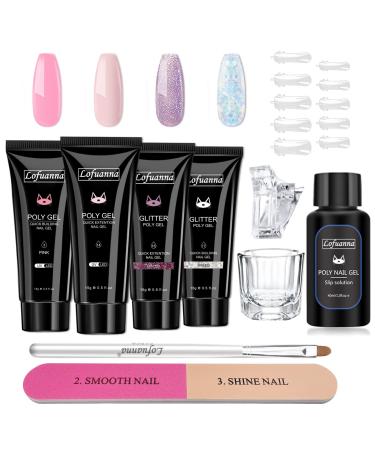 Lofuanna Poly Nail Gel Kit 4PCS Nude & Pink & Purple Glitter & Clear Glitter Poly Extension Gel Nail Kit False Nail Gels With Slip solution Builder Gel Nail Kit All In One Starter Kit SET 2
