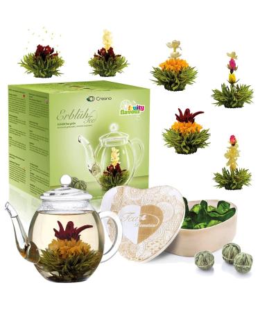 Creano gift set blossomed tea blum mix in heart shape - 6 types of green tea including glass teapot 500ml gift for women mother tea lover green tea