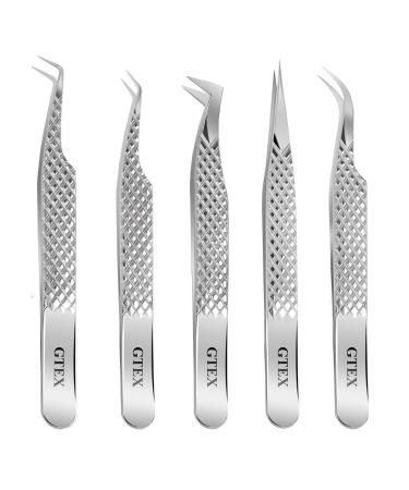 GTEX Lash Tweezers For Eyelash Extensions Tweezers Set of 5, Japanese Stainless Steel, Straight Curved 45 90 Degree Volume Eyelash Tweezers - SILVER