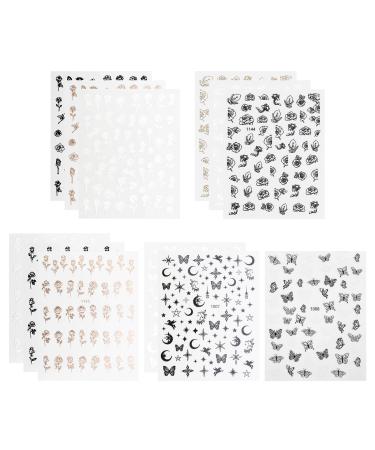 VGOL 12 Sheets Self-Adhesive Nail Art Stickers Flower Butterfly Moon Star Pattens Nail Decals Hollow Manicure DIY Nail Decoration for Acrylic Nails Black White Rose Gold
