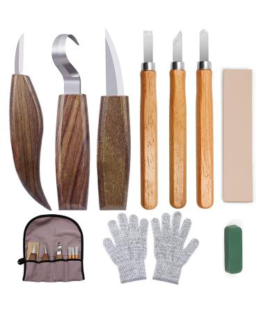 10Pcs Wood Carving Knife Set Beginner Kit  Convenient Tools Set Cut Resistant Gloves Spoon Carving Hook Knife  Wood Carving Whittling Knife  Chip Carving Detail Knife Sandpaper for Woodworking