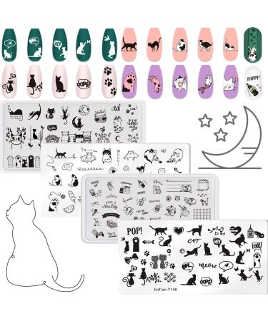 RUNRAYAY 4Pcs Cute Cats Nail Art Stamping Plates Set Animals Design Nail Image Stamp Plates Manicure Templates for Women and Girls DIY Printing Tools Nails Stencil