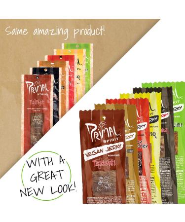 Primal Spirit Vegan Jerky Sampler Pack - Plant Based Protein - Non-GMO - 24-Pack 1 oz - Thai Peanut, Mesquite Lime, Teriyaki, Hot & Spicy, Hickory Smoked, Texas BBQ - Buy Online on SooperMarket.com