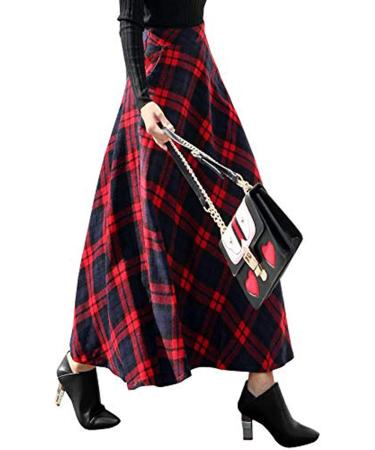 Sanahy Women's Plaid Wool Maxi Skirt - XL Red | High Elastic Waist A-line Winter Flare Skirt with Pockets - Buy Online on SooperMarket.com