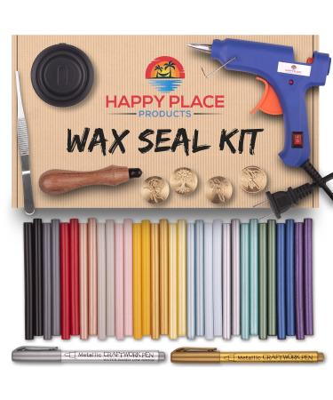 Wax Stamp Kit - 16 Colors  Quick Melt WaxGun  4 Wax Stamp Seal Heads  Cooling Disk -2 Metallic Color Pens - Wax Sealing Kit for Wedding Invites  Gift Wraps  Letter Wax Seal Stamp Kit for Christmas Full Kit