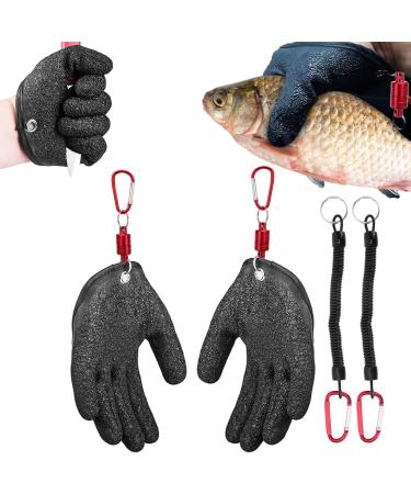 Wavata 1 pair of waterproof gloves fishing fishing gloves cutting -resistant with 2 PCs magnetism release buckle and 2 PCs retractable safety rope for safe handling of pike catfish black