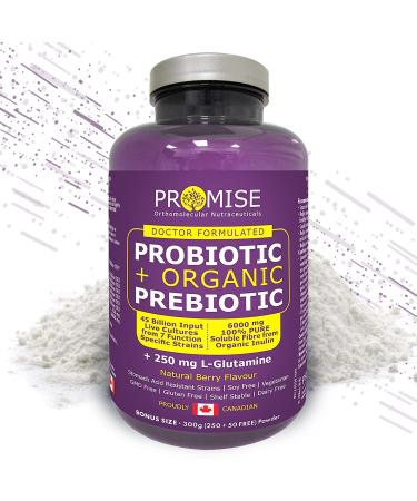 Promise Organic Probiotic + Prebiotic 300g (11oz) + 250mg of L-Glutamine) 45 Billion CFU & 7 Strains Support for Digestive Health Gut Flora Reduce Bloating Constipation Gas & Leaky Gut Relief