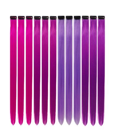12 Pcs Colored Hair Extensions Colorful Clip in Hair Extensions 22 inch Synthetic Straight Hair Extensions for Kids Girls Women Dark purple