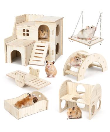 Hamster toy 6 pieces of wood hamster house toys for hamsters made of wood hamster cake stuff toys hamster hiding house training toys for chinchilla guinea pig racing mouse rabbits