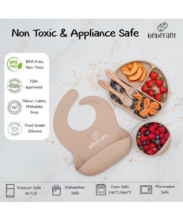 Bebefant Baby Weaning Set | Suction Bowl, Plate, Cup, Bib, Fork & Spoon | Baby Led Weaning Feeding Set - Neutral (Light Brown) - Buy Online on SooperMarket.com
