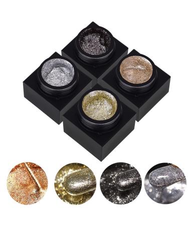 Silver Metal Glitter Gel Nail Polish 4 Colors Painted Metal Platinum Drawing Gel Polish Gold Silver Black Glitter Nail Polish Liner Sparkling Soak Off Gel for DIY Painting Nail Art Gel